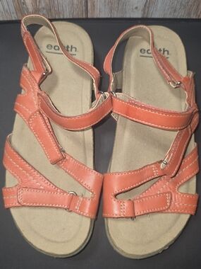 Earth Coral Orange Leather Strappy Adjustable Slingback Comfort Sandals 8 Wide